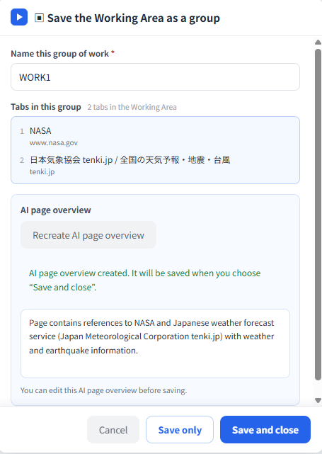 Save the Working Area as a named group, with one AI overview