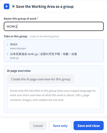The group save screen, before and after creating the AI overview