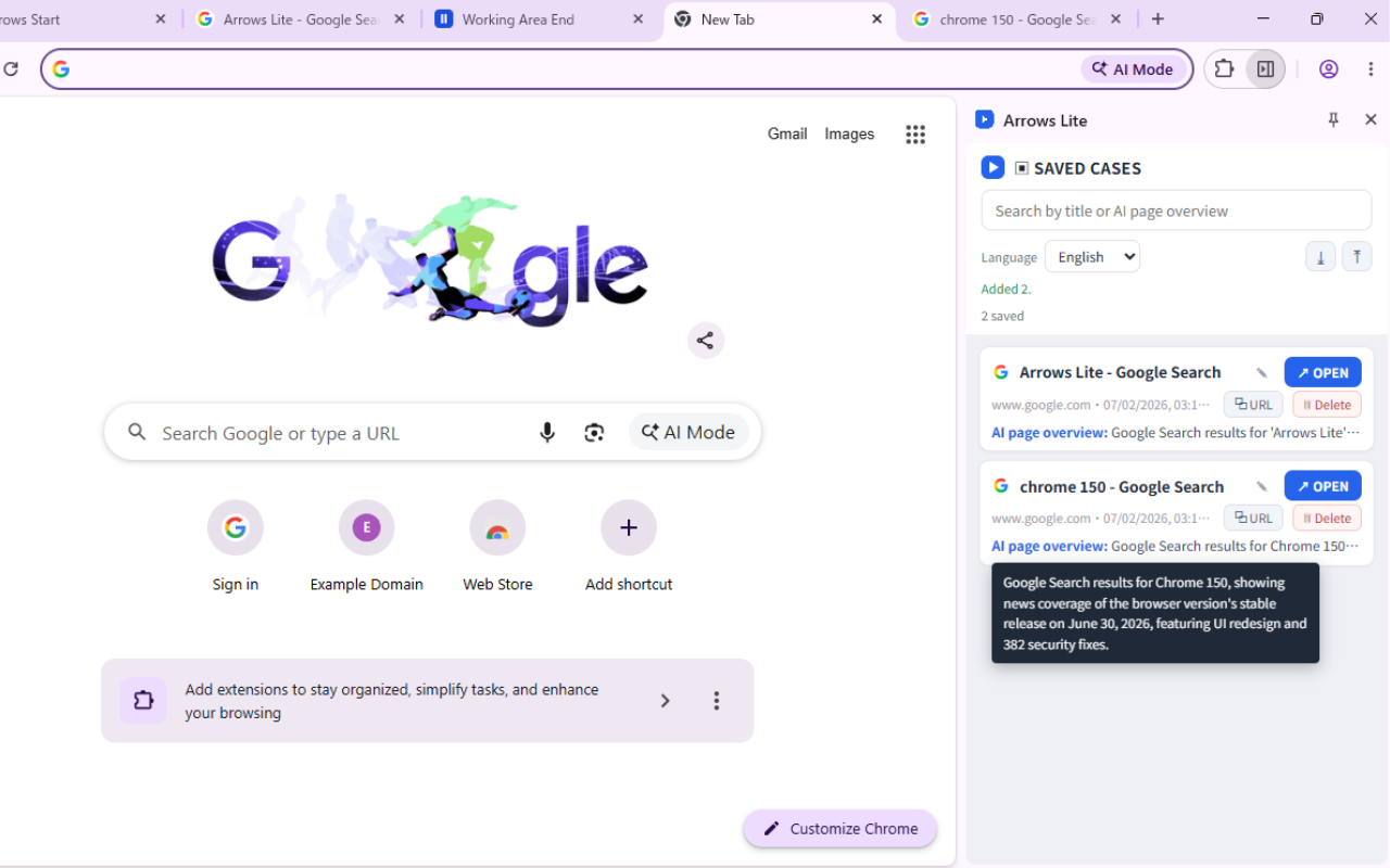 Arrows Lite in Chrome — the Saved Cases side panel with AI page overviews